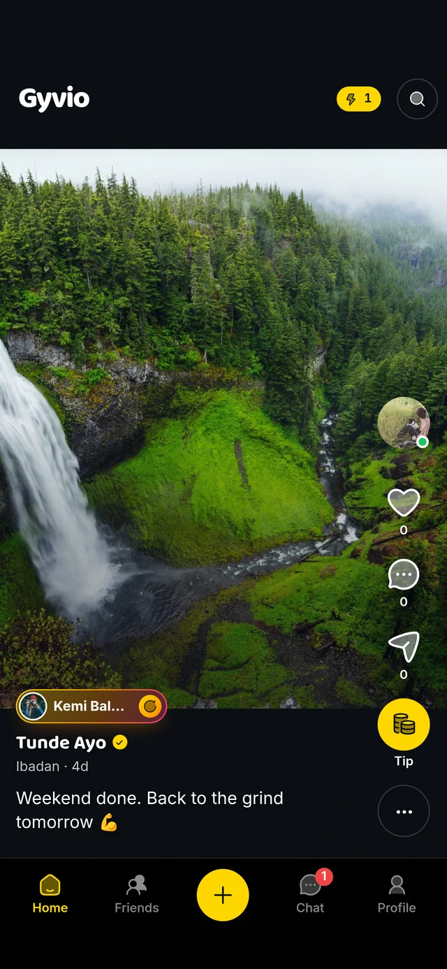The Gyvio feed: a full-screen photo of a waterfall from Tunde Ayo, captioned Weekend done, with like, comment, share and Tip buttons down the side.