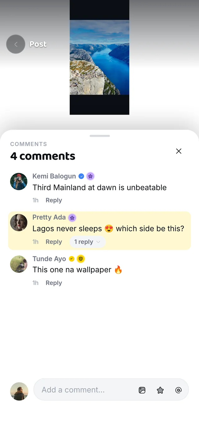 The comments sheet on a post: four comments, one of them answered.