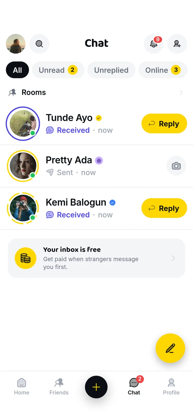 The chat list with Tunde, Ada and Kemi, Reply buttons, and a card about the paid inbox.