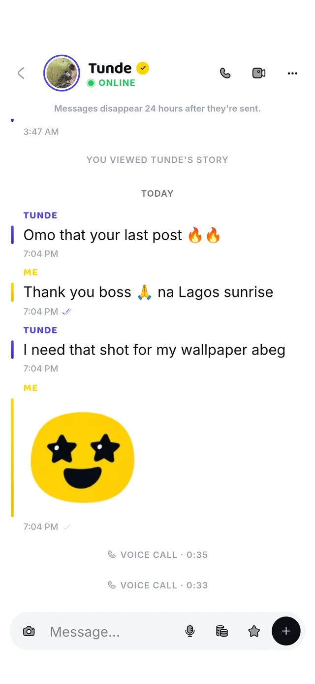A chat with Tunde: messages that disappear after 24 hours, a big star-eyed sticker, and a voice call in the history.