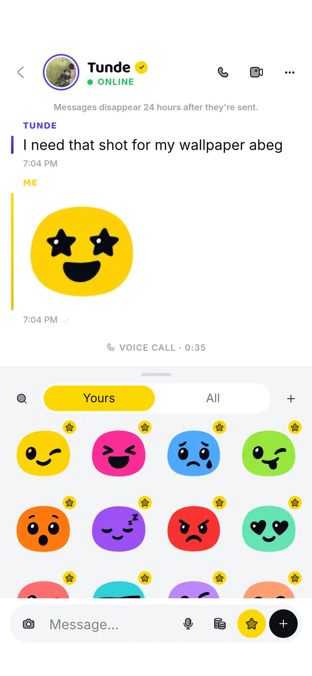 The sticker tray open below a chat, a shelf of coloured faces on the Yours tab.