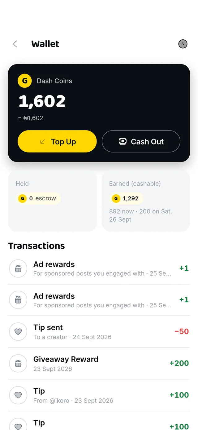 The wallet: 1,602 Dash Coins, Top Up and Cash Out buttons, and a list of transactions starting with two Ad rewards.
