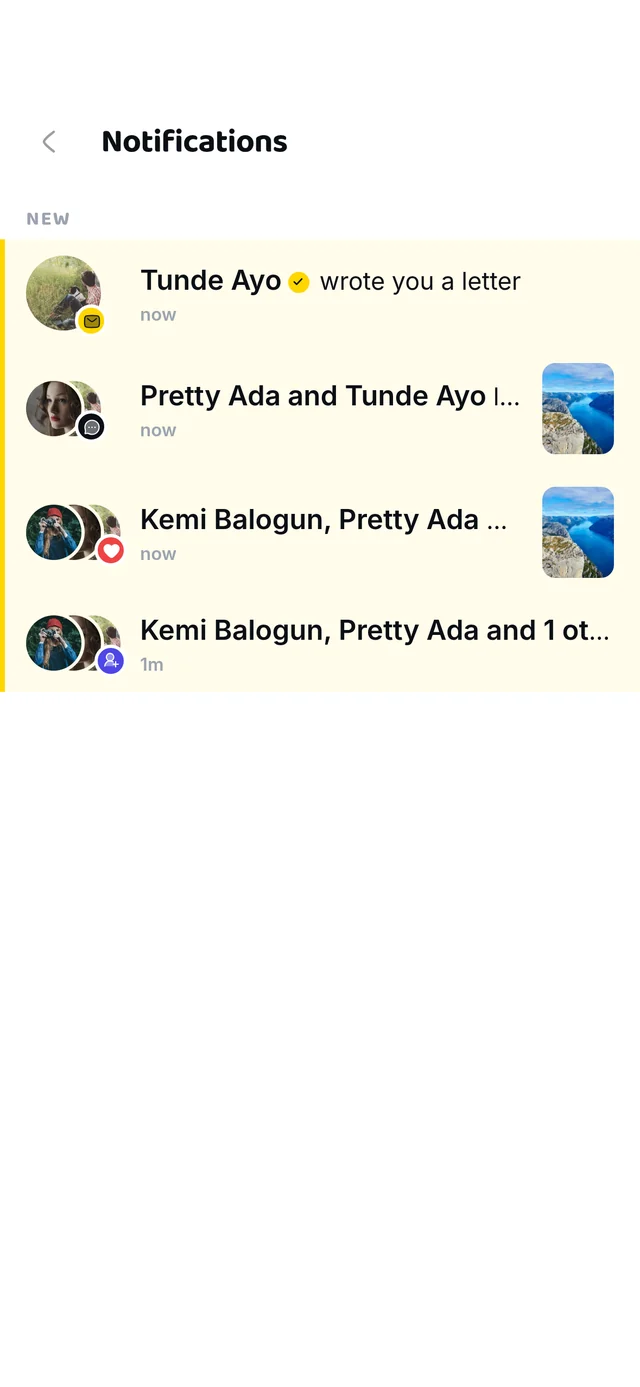 Notifications: Tunde wrote you a letter, and Ada, Tunde and Kemi liked and commented on a post and followed you.