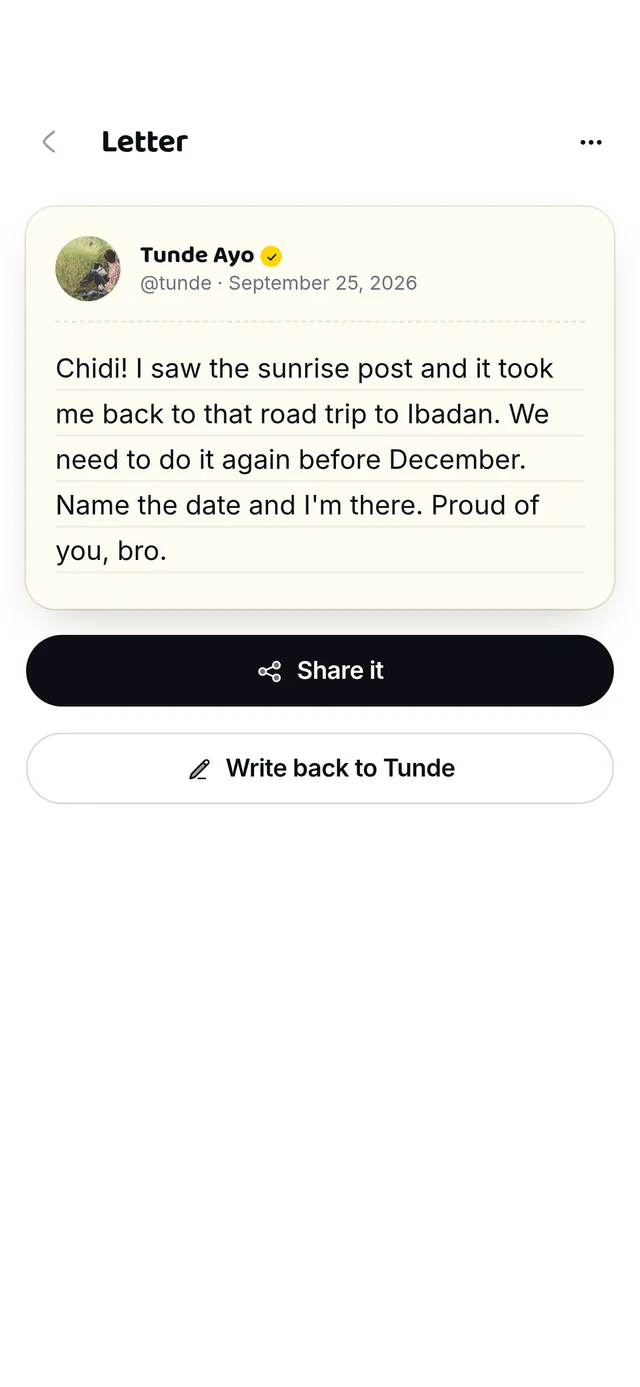 A letter from Tunde Ayo about a road trip to Ibadan, with buttons to share it and write back.