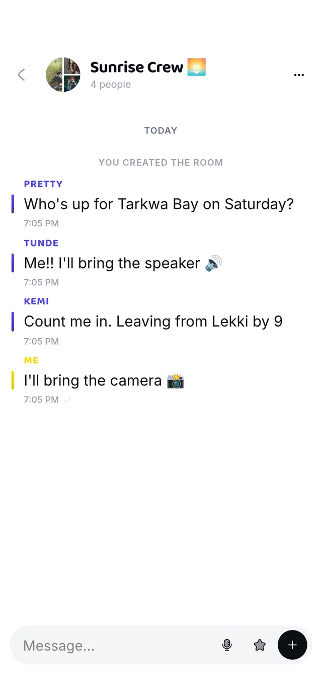 A room called Sunrise Crew, where four friends plan a Saturday at Tarkwa Bay.
