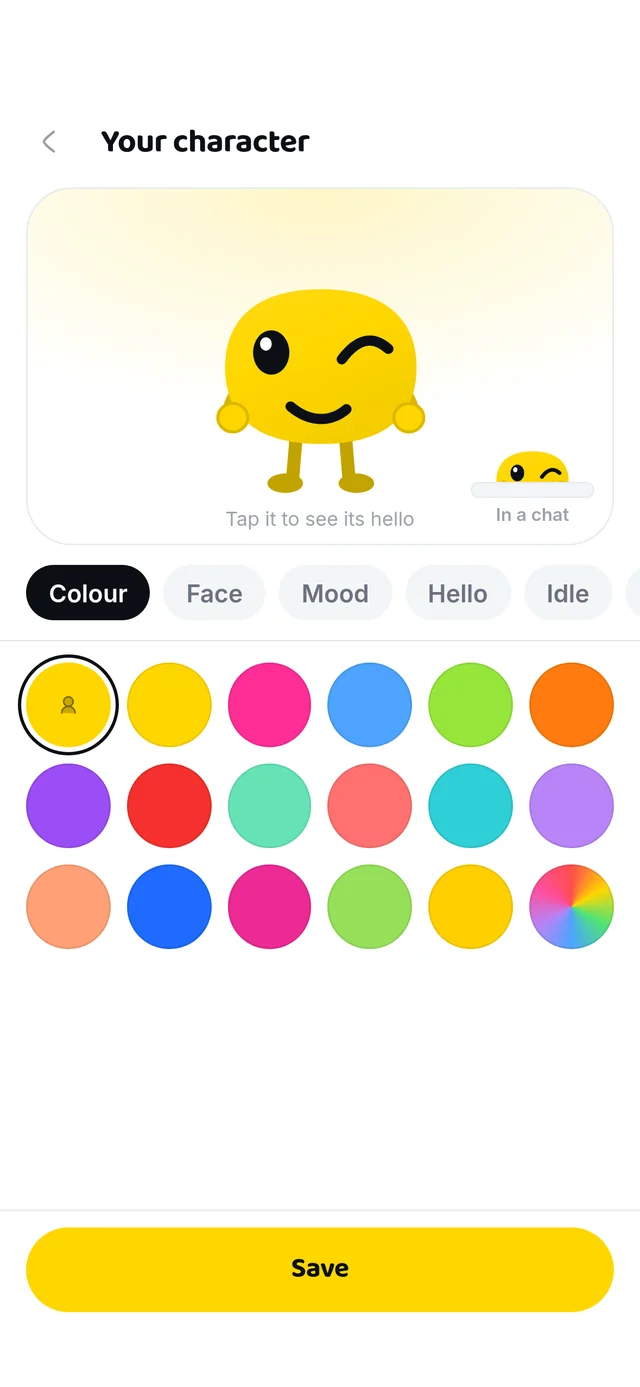 The Gyvmoji editor: a yellow Gyvmoji winking, with tabs for colour, face, mood, hello and idle, and a palette of colours.