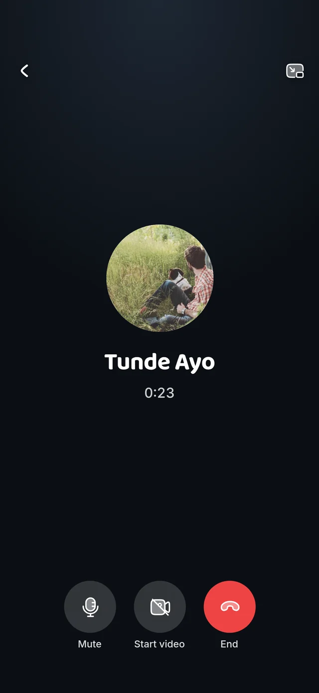 A voice call with Tunde Ayo, 23 seconds in, with buttons to mute, start video and end the call.
